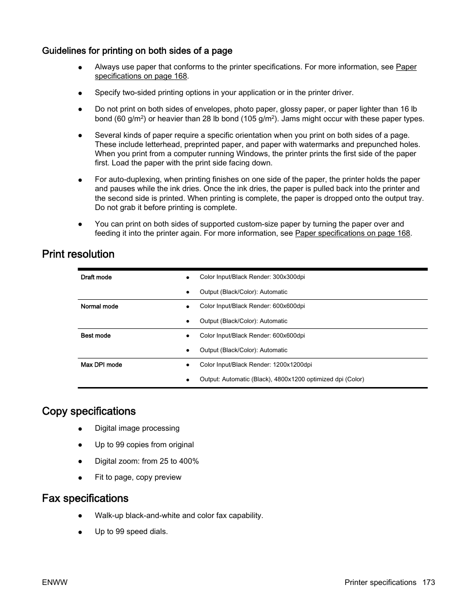 Print resolution, Copy specifications, Fax specifications | Guidelines for printing on both sides of a page | HP Officejet 7612 Wide Format e-All-in-One User Manual | Page 190 / 317
