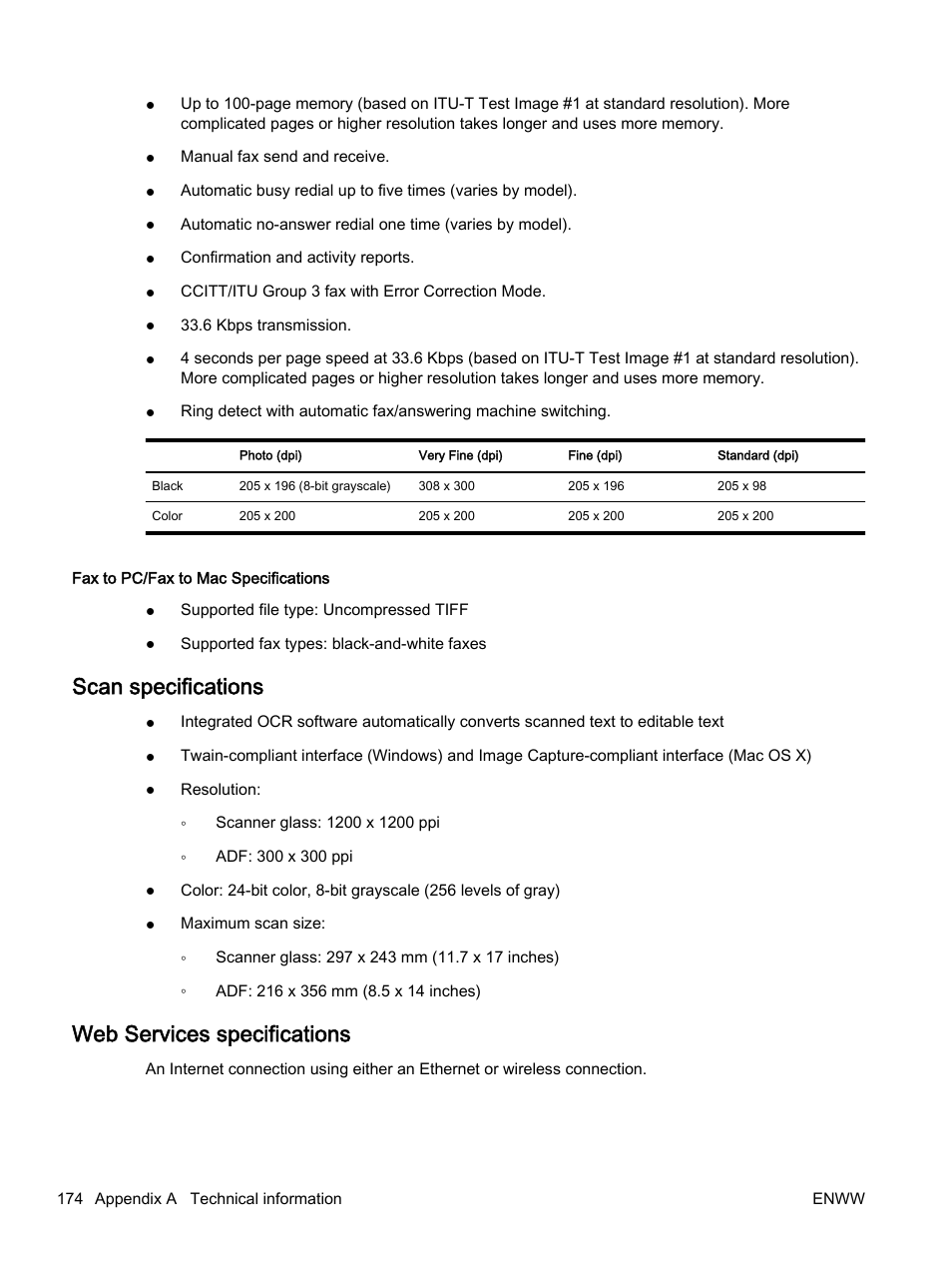 Scan specifications, Web services specifications, Scan specifications web services specifications | HP Officejet 7612 Wide Format e-All-in-One User Manual | Page 191 / 317