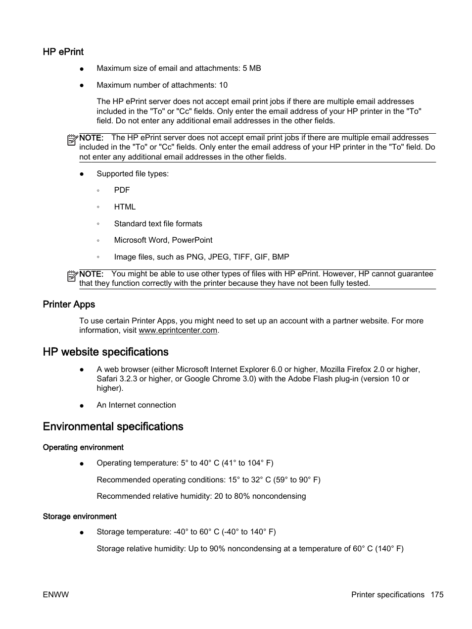 Hp eprint, Printer apps, Hp website specifications | Environmental specifications, Hp eprint printer apps | HP Officejet 7612 Wide Format e-All-in-One User Manual | Page 192 / 317