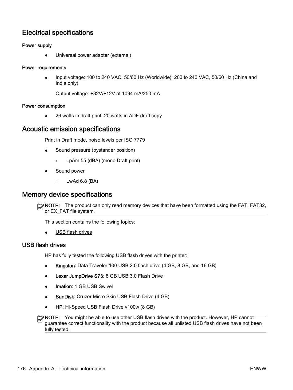 Electrical specifications, Acoustic emission specifications, Memory device specifications | Usb flash drives | HP Officejet 7612 Wide Format e-All-in-One User Manual | Page 193 / 317