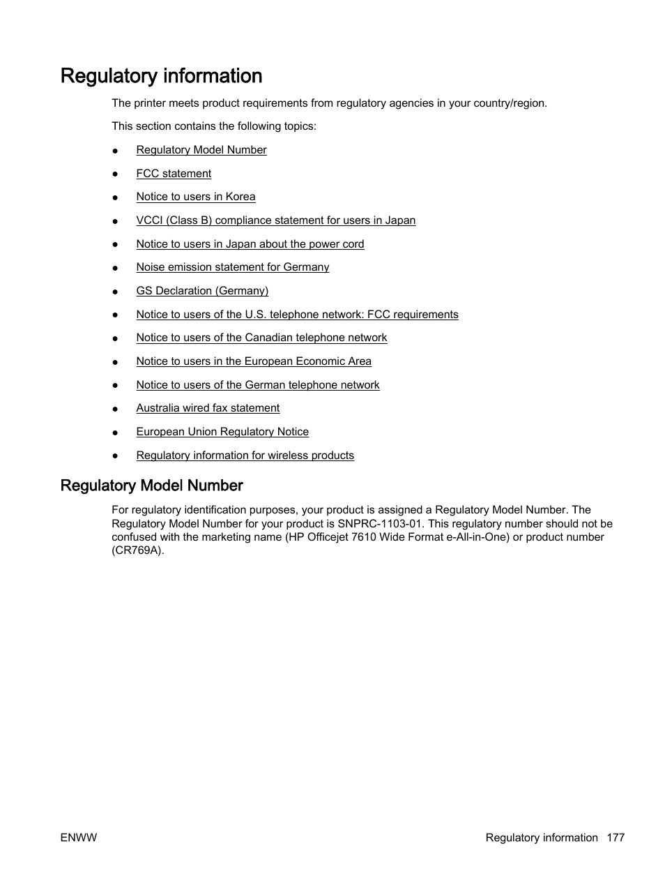 Regulatory information, Regulatory model number | HP Officejet 7612 Wide Format e-All-in-One User Manual | Page 194 / 317