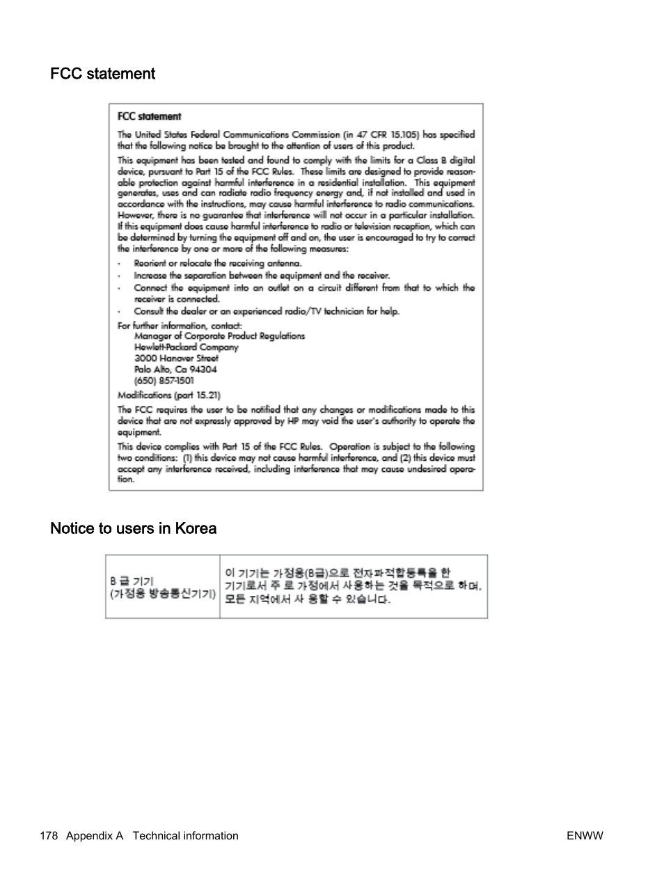 Fcc statement, Notice to users in korea, Fcc statement notice to users in korea | HP Officejet 7612 Wide Format e-All-in-One User Manual | Page 195 / 317