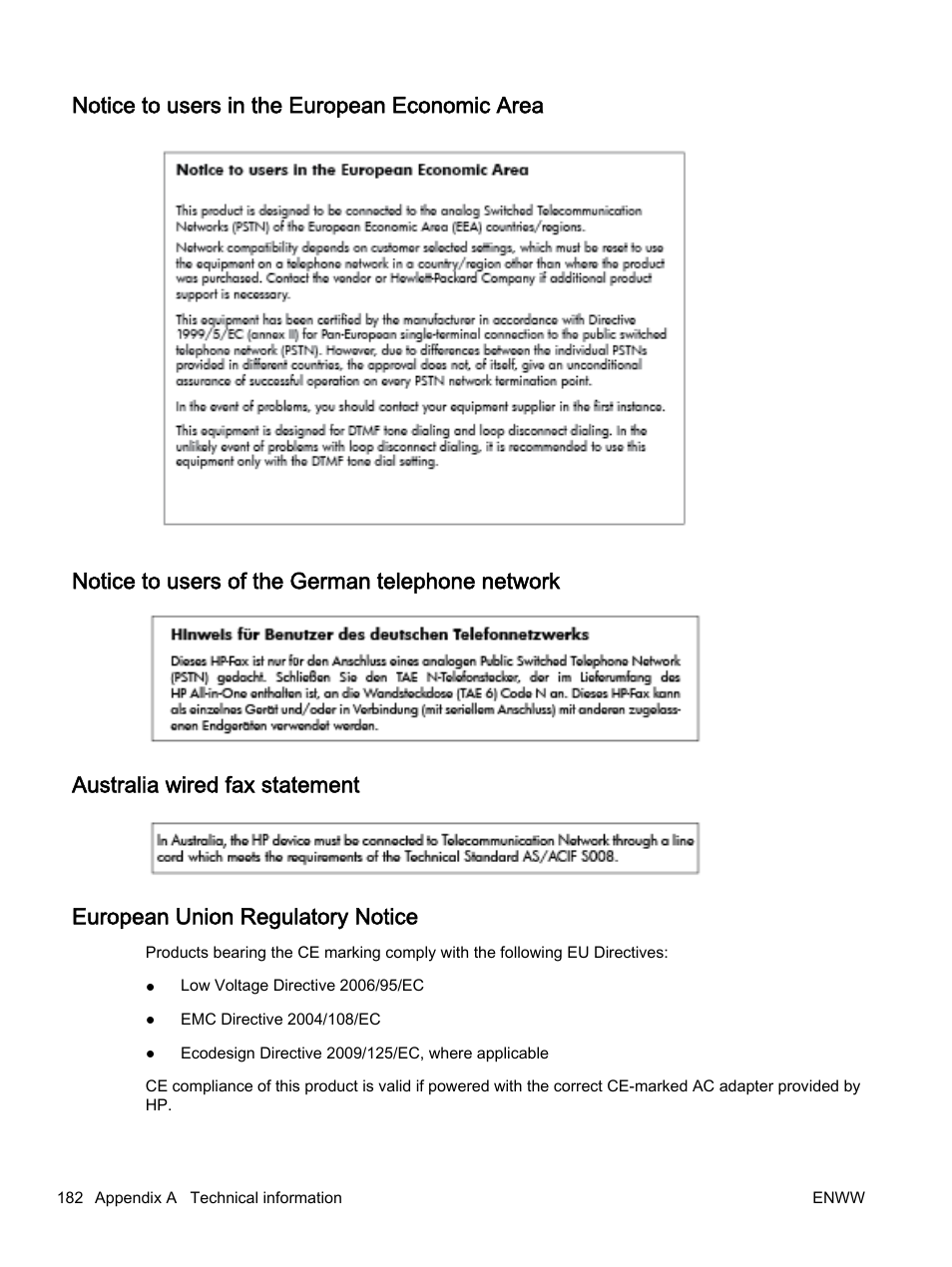 Notice to users in the european economic area, Notice to users of the german telephone network, Australia wired fax statement | European union regulatory notice | HP Officejet 7612 Wide Format e-All-in-One User Manual | Page 199 / 317