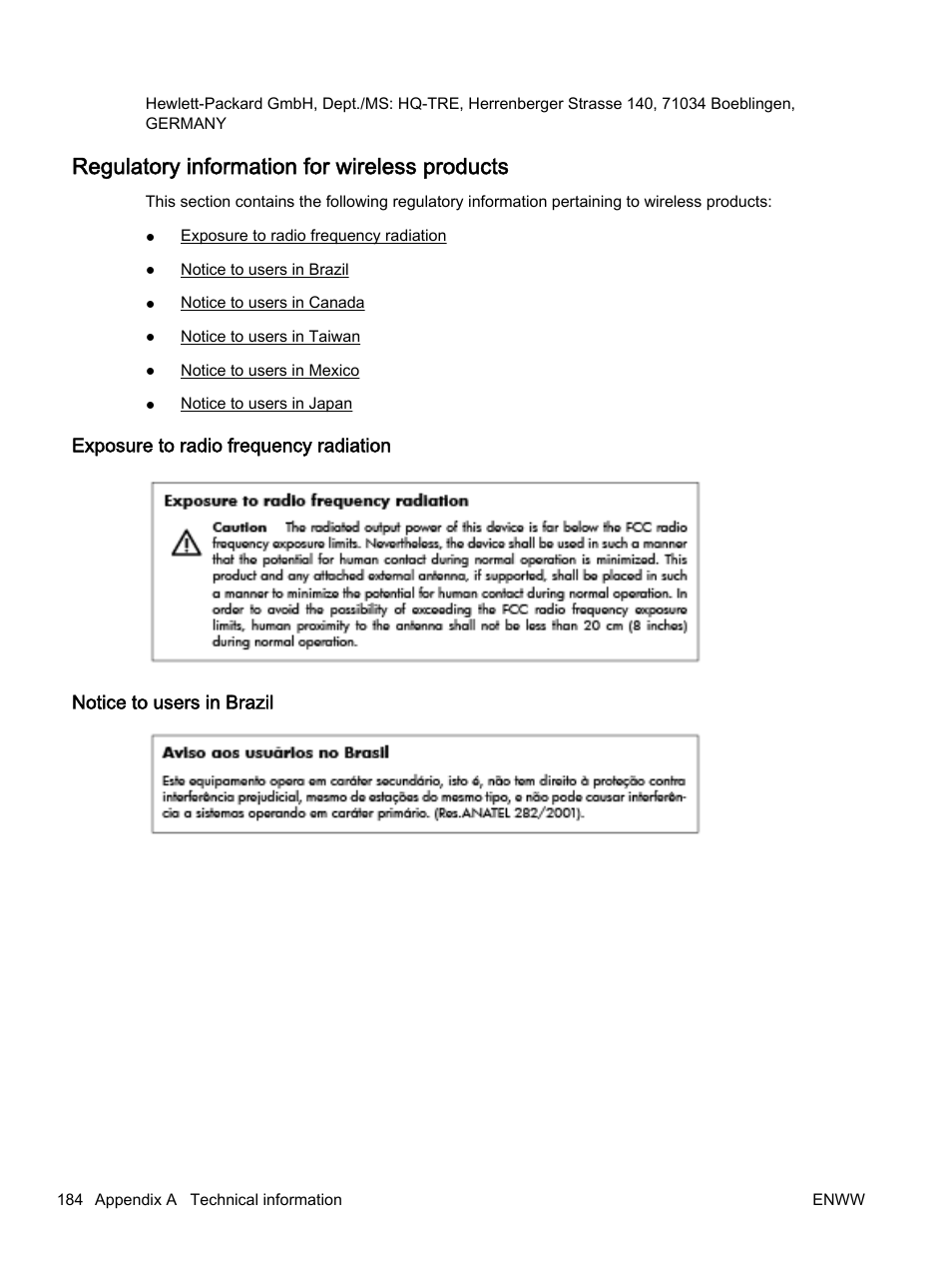 Regulatory information for wireless products, Exposure to radio frequency radiation, Notice to users in brazil | HP Officejet 7612 Wide Format e-All-in-One User Manual | Page 201 / 317