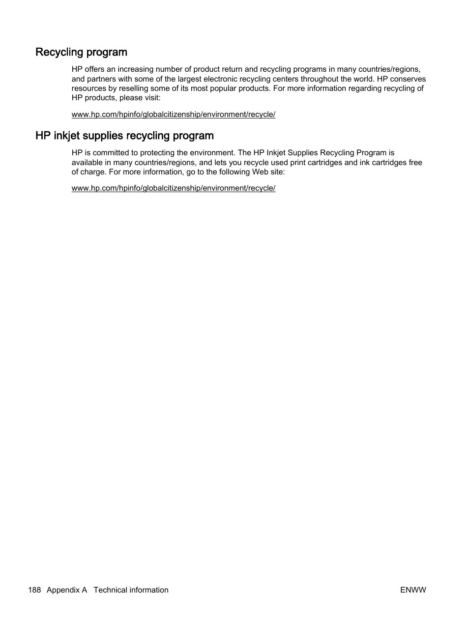Recycling program, Hp inkjet supplies recycling program | HP Officejet 7612 Wide Format e-All-in-One User Manual | Page 205 / 317