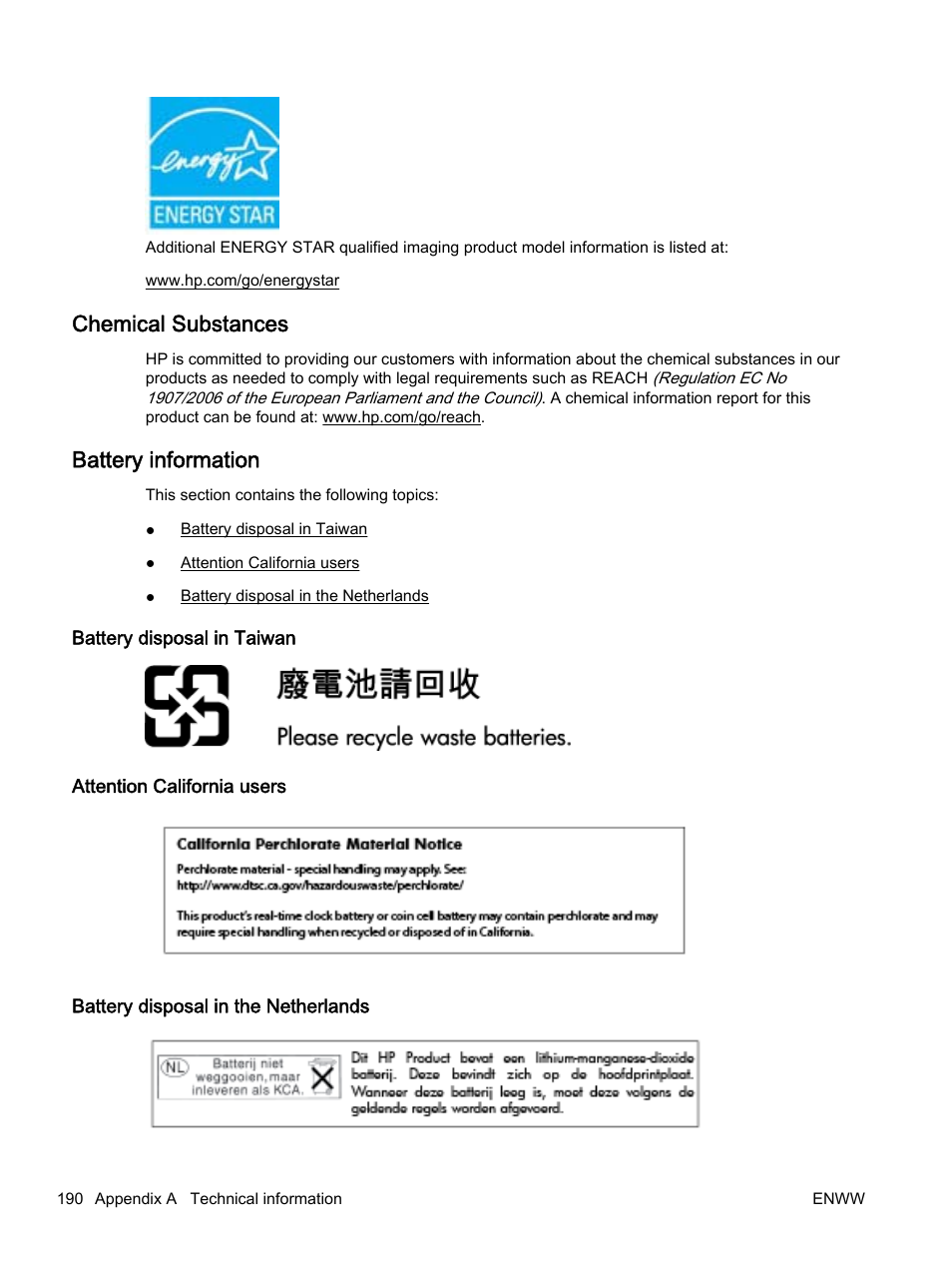 Chemical substances, Battery information, Battery disposal in taiwan | Attention california users, Battery disposal in the netherlands, Chemical substances battery information | HP Officejet 7612 Wide Format e-All-in-One User Manual | Page 207 / 317