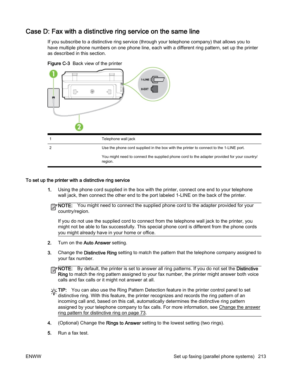 Case d: fax with, A distinctive ring service on | HP Officejet 7612 Wide Format e-All-in-One User Manual | Page 230 / 317