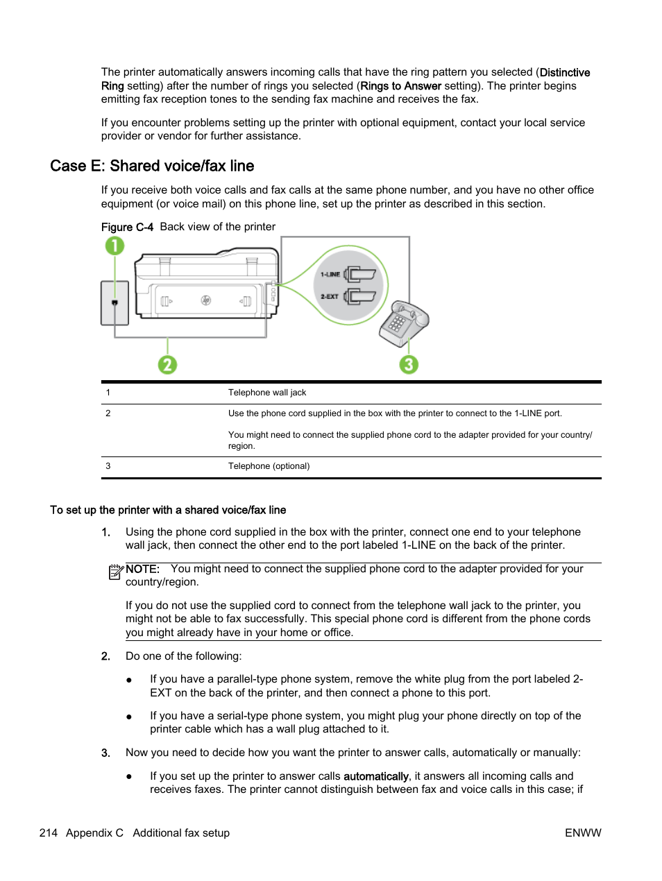 Case e: shared voice/fax line, Case e: shared voice/fax | HP Officejet 7612 Wide Format e-All-in-One User Manual | Page 231 / 317