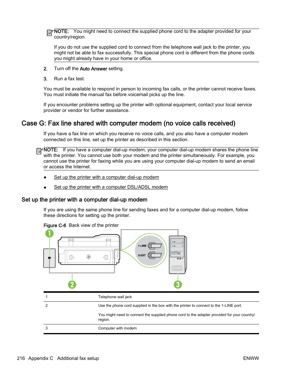 Set up the printer with a computer dial-up modem, Case g: fax line shared, With computer modem (no | Voice calls received) | HP Officejet 7612 Wide Format e-All-in-One User Manual | Page 233 / 317