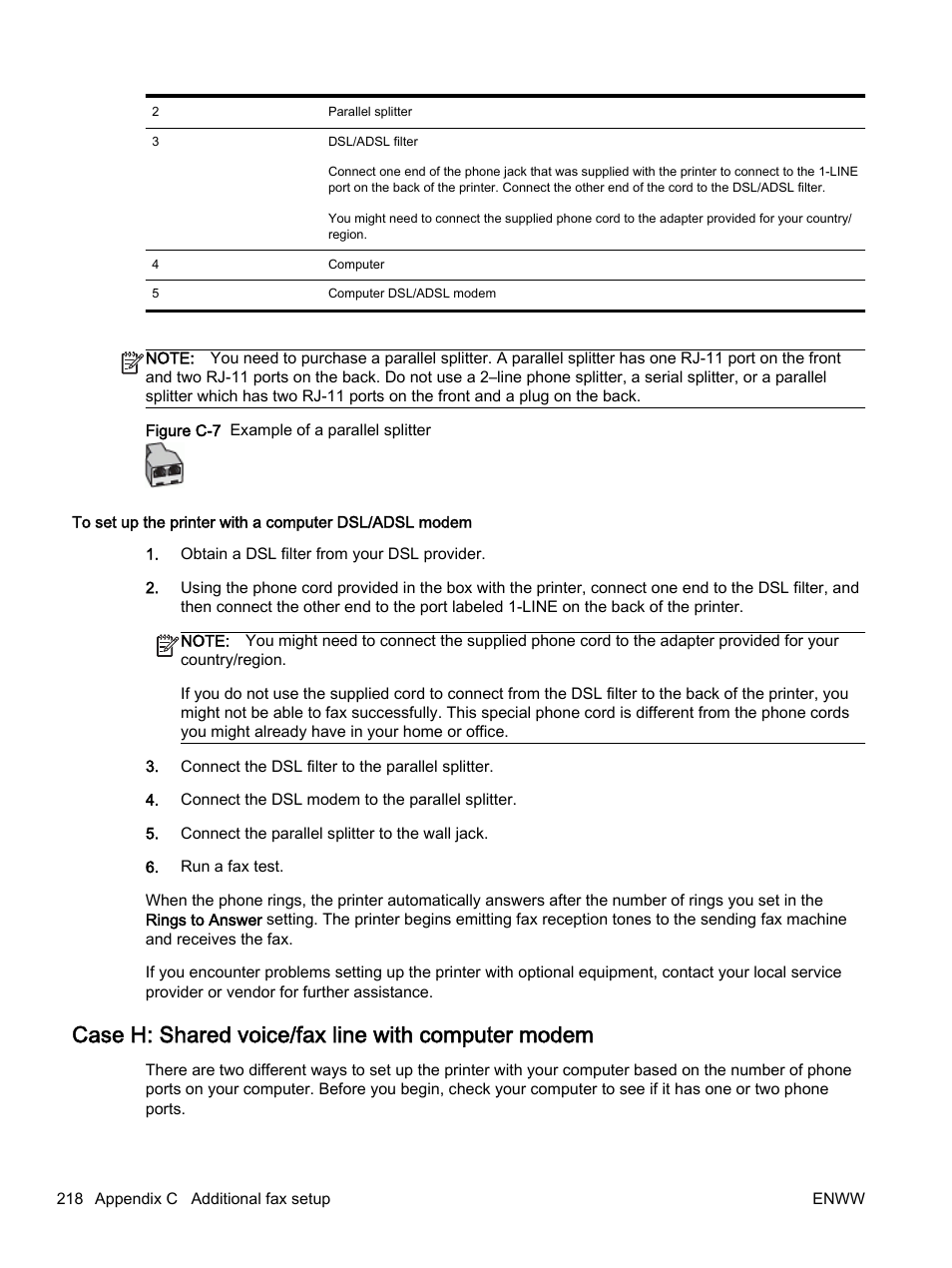 Case h: shared voice/fax line with computer modem, Case h: shared voice/fax, Line with computer modem | HP Officejet 7612 Wide Format e-All-in-One User Manual | Page 235 / 317