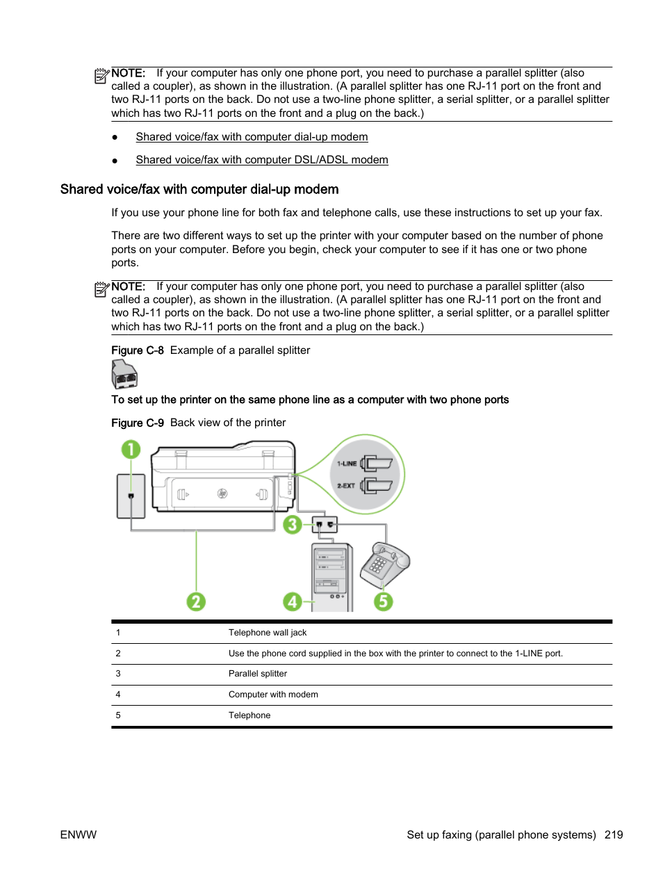 Shared voice/fax with computer dial-up modem | HP Officejet 7612 Wide Format e-All-in-One User Manual | Page 236 / 317
