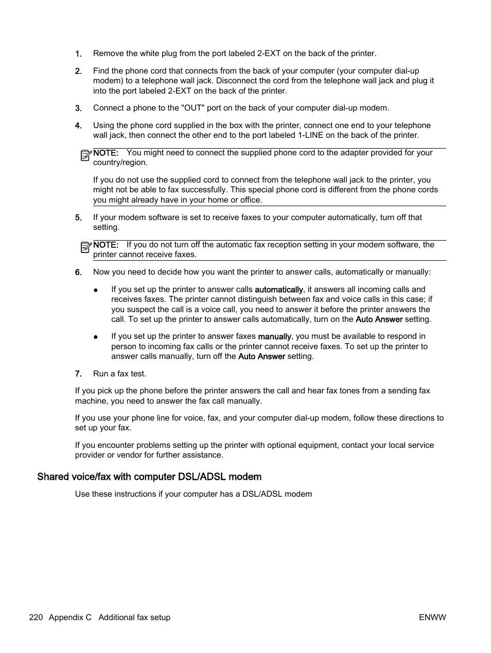 Shared voice/fax with computer dsl/adsl modem | HP Officejet 7612 Wide Format e-All-in-One User Manual | Page 237 / 317