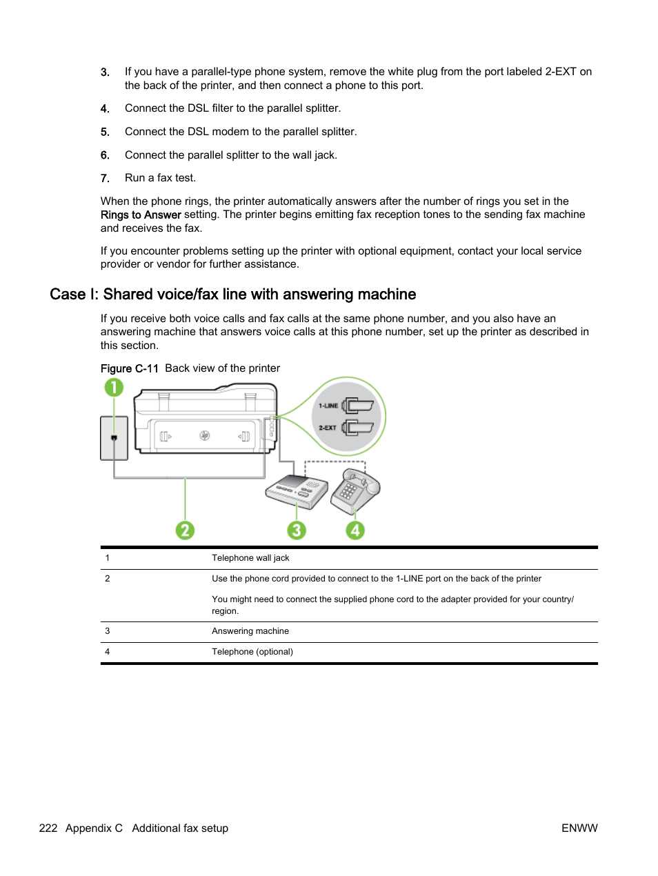 In case i: shared, Case i: shared voice, Case i: shared voice/fax | Line with answering machine | HP Officejet 7612 Wide Format e-All-in-One User Manual | Page 239 / 317