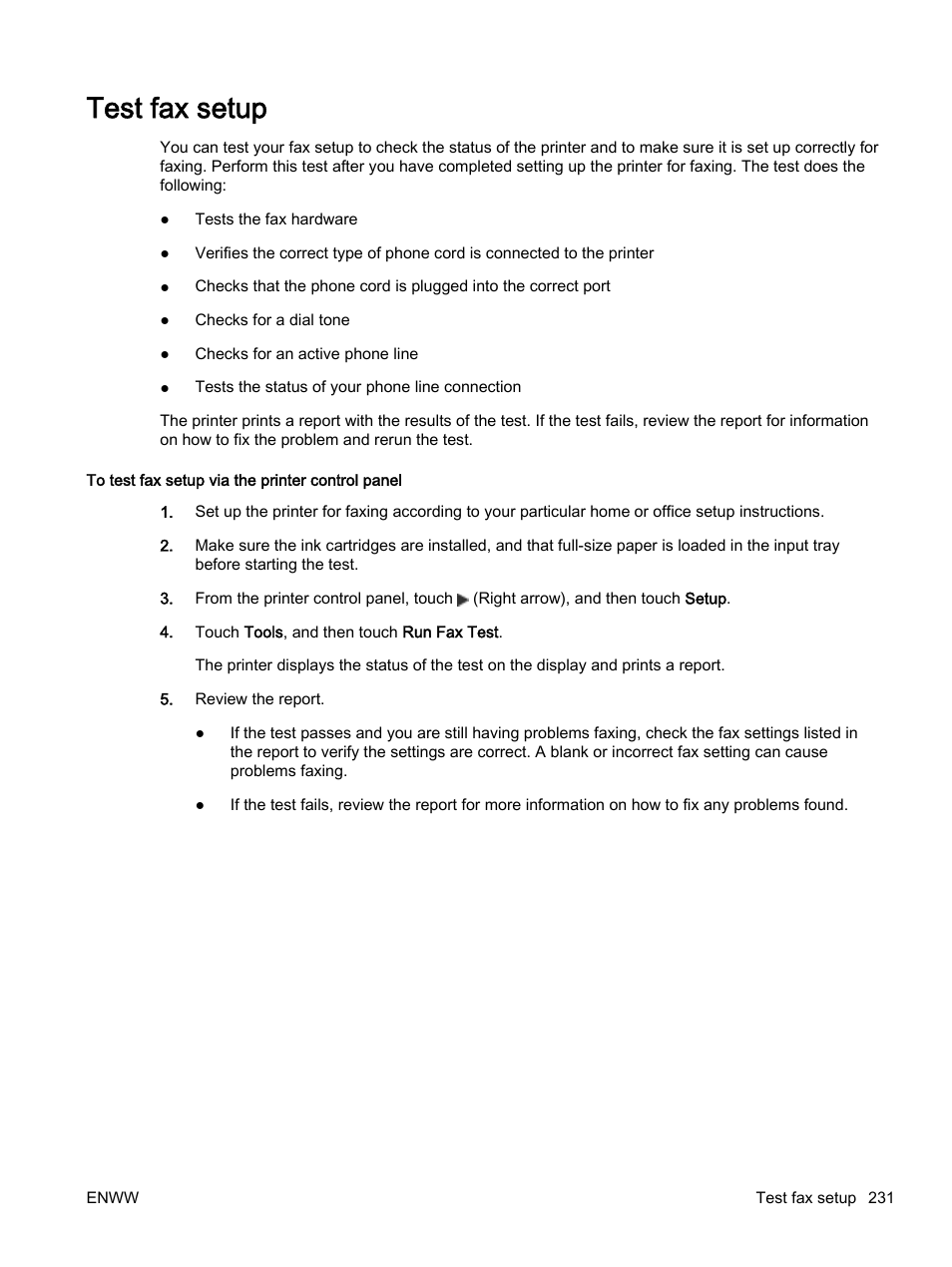 Test fax setup | HP Officejet 7612 Wide Format e-All-in-One User Manual | Page 248 / 317