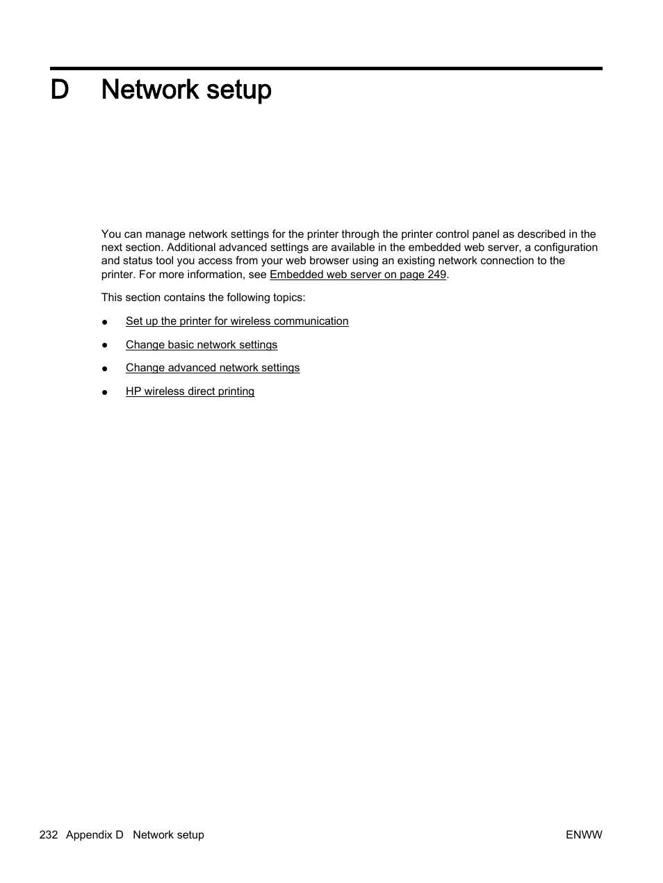 Network setup, Appendix d network setup, D network setup | HP Officejet 7612 Wide Format e-All-in-One User Manual | Page 249 / 317