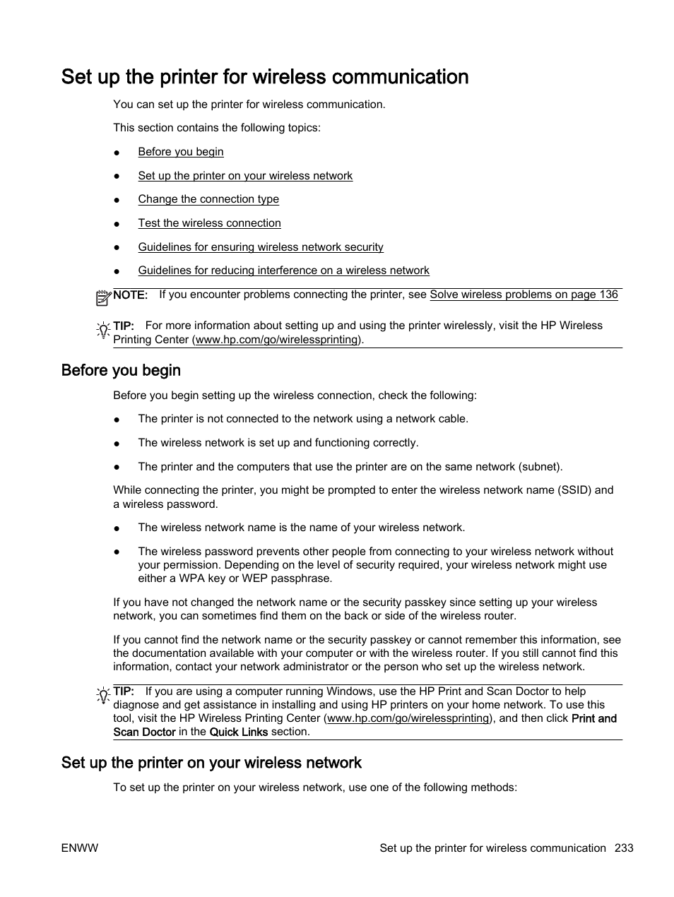 Set up the printer for wireless communication, Before you begin, Set up the printer on your wireless network | Set up the printer for, Set up the printer for wireless | HP Officejet 7612 Wide Format e-All-in-One User Manual | Page 250 / 317