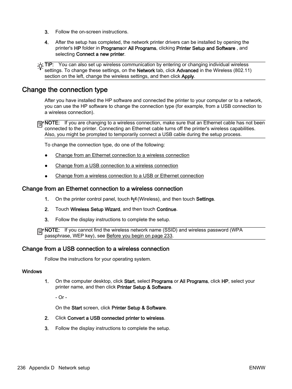 Change the connection type | HP Officejet 7612 Wide Format e-All-in-One User Manual | Page 253 / 317