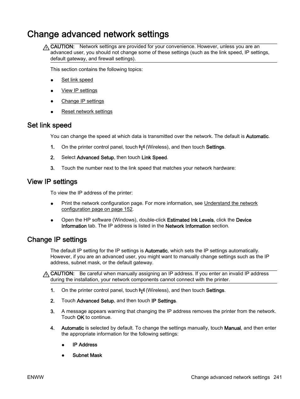 Change advanced network settings, Set link speed, View ip settings | Change ip settings, Set link speed view ip settings change ip settings, View | HP Officejet 7612 Wide Format e-All-in-One User Manual | Page 258 / 317