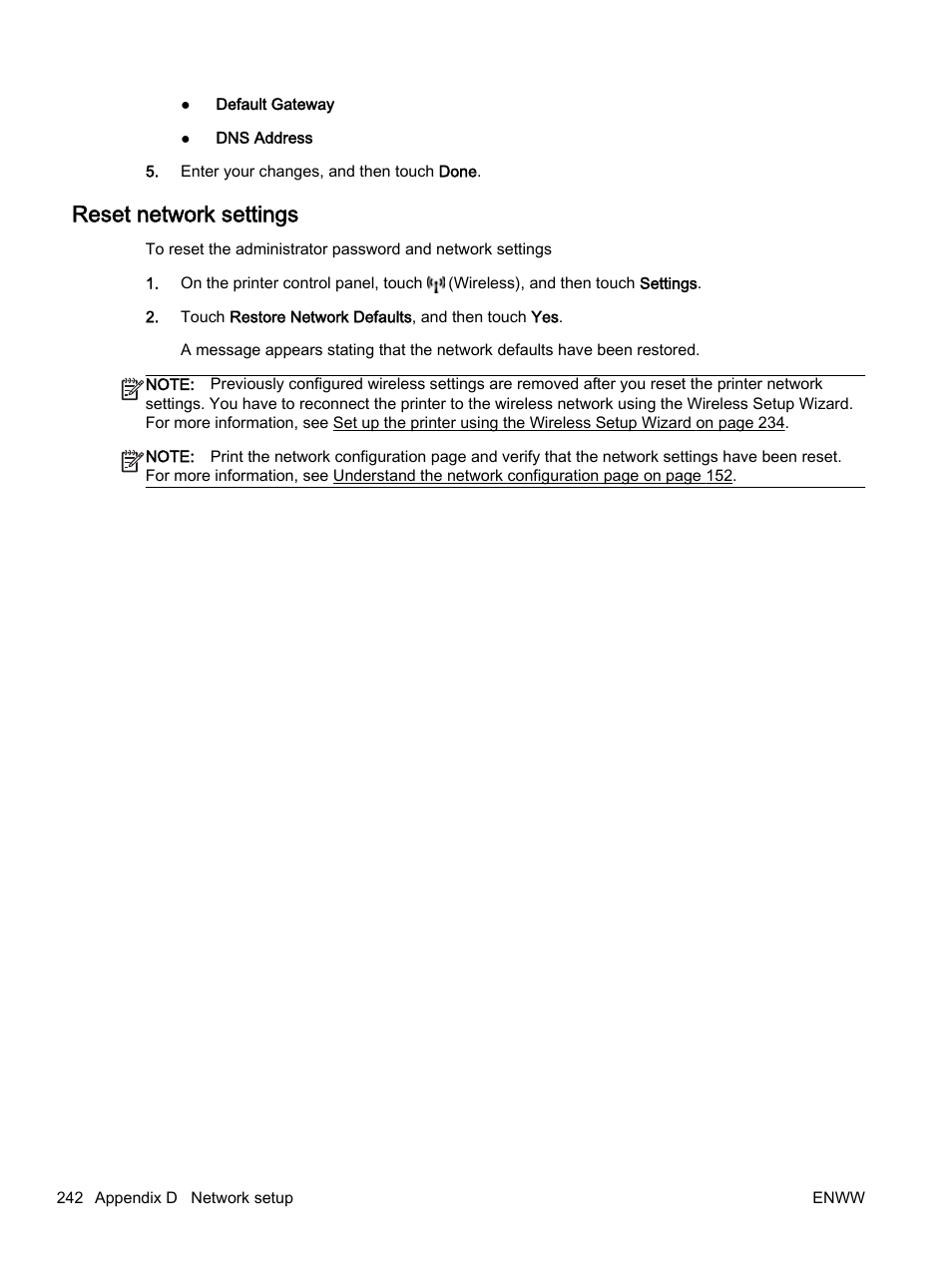 Reset network settings | HP Officejet 7612 Wide Format e-All-in-One User Manual | Page 259 / 317