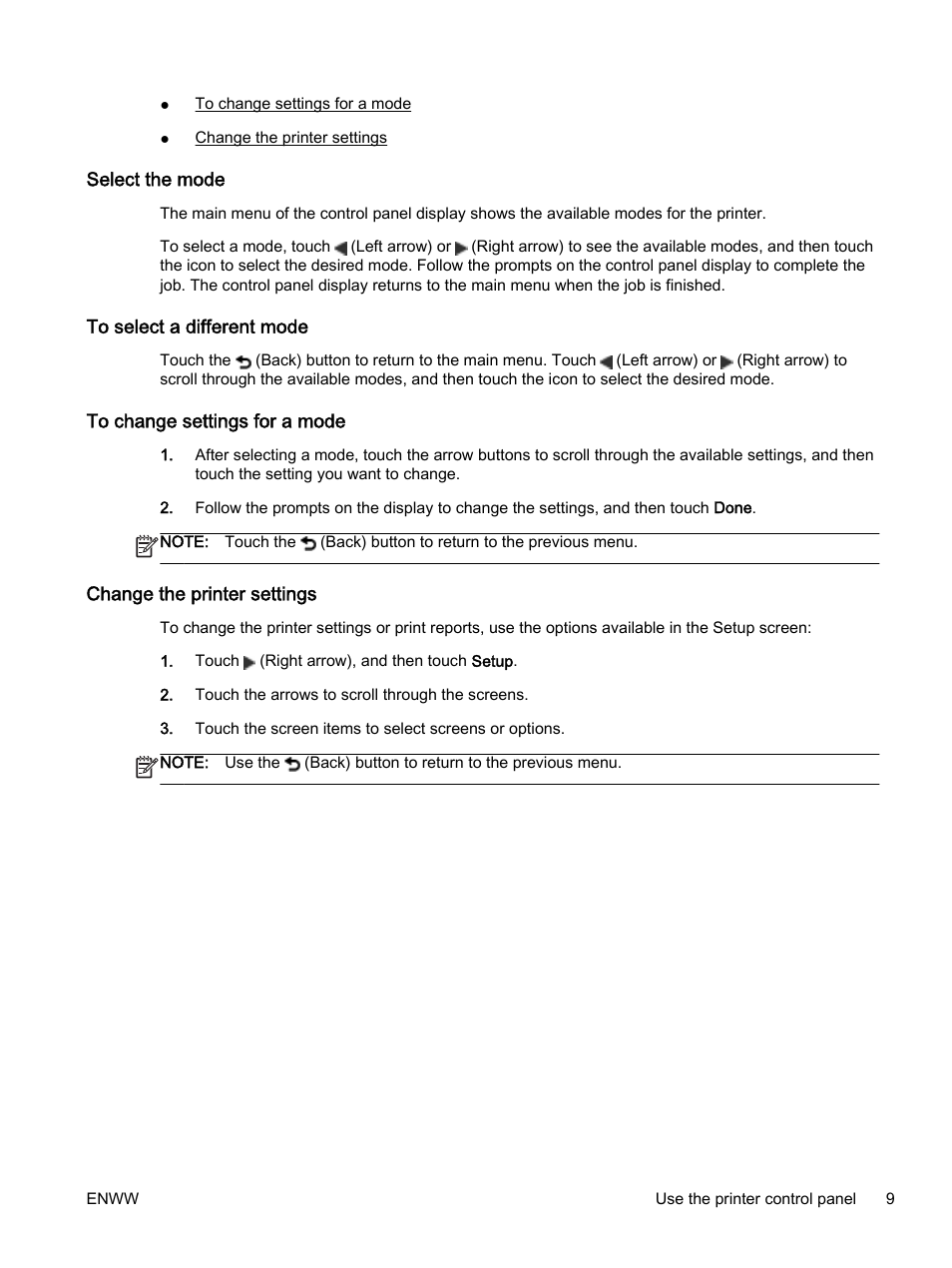 Select the mode, To select a different mode, To change settings for a mode | Change the printer settings | HP Officejet 7612 Wide Format e-All-in-One User Manual | Page 26 / 317