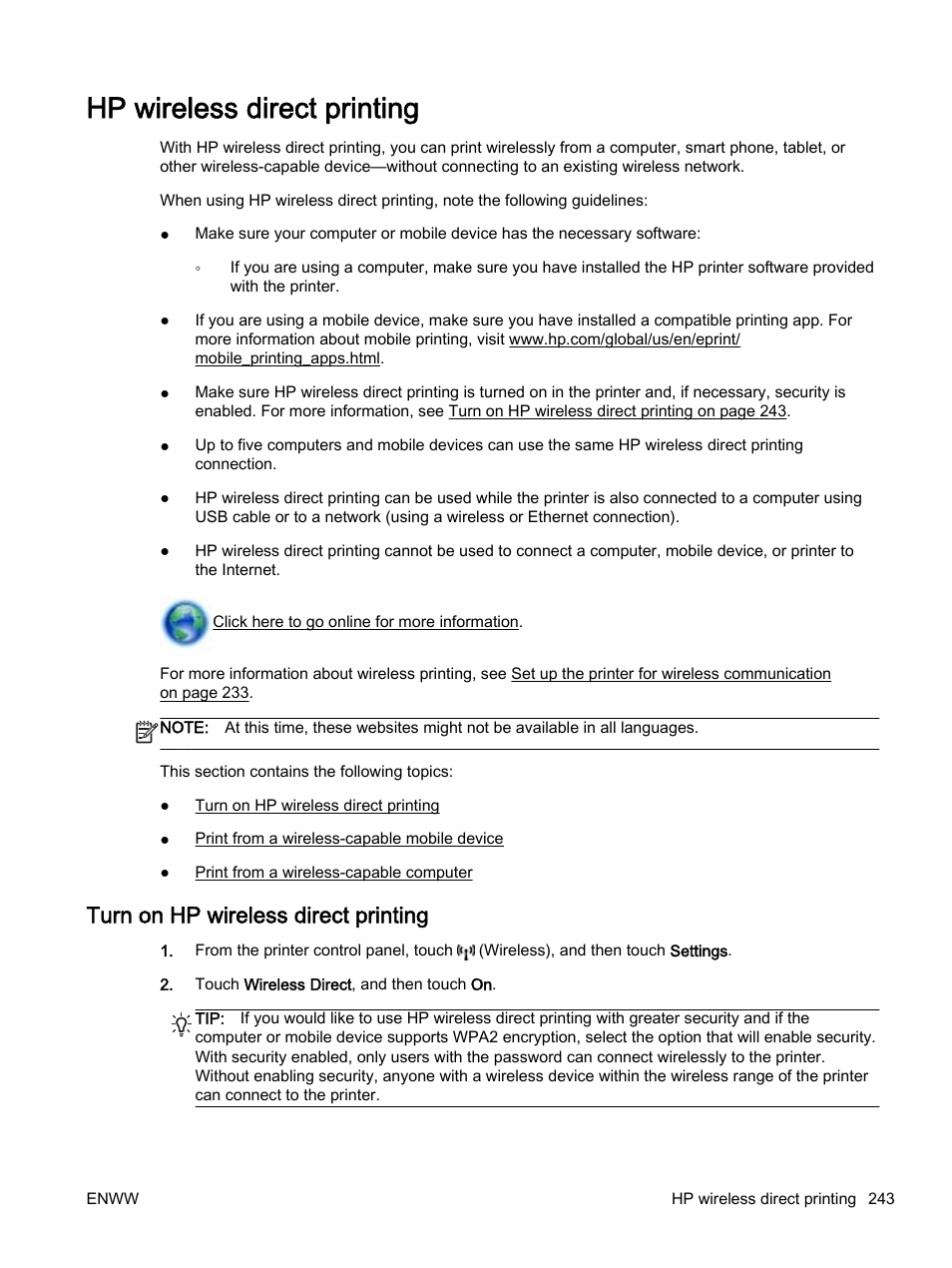 Hp wireless direct printing, Turn on hp wireless direct printing | HP Officejet 7612 Wide Format e-All-in-One User Manual | Page 260 / 317