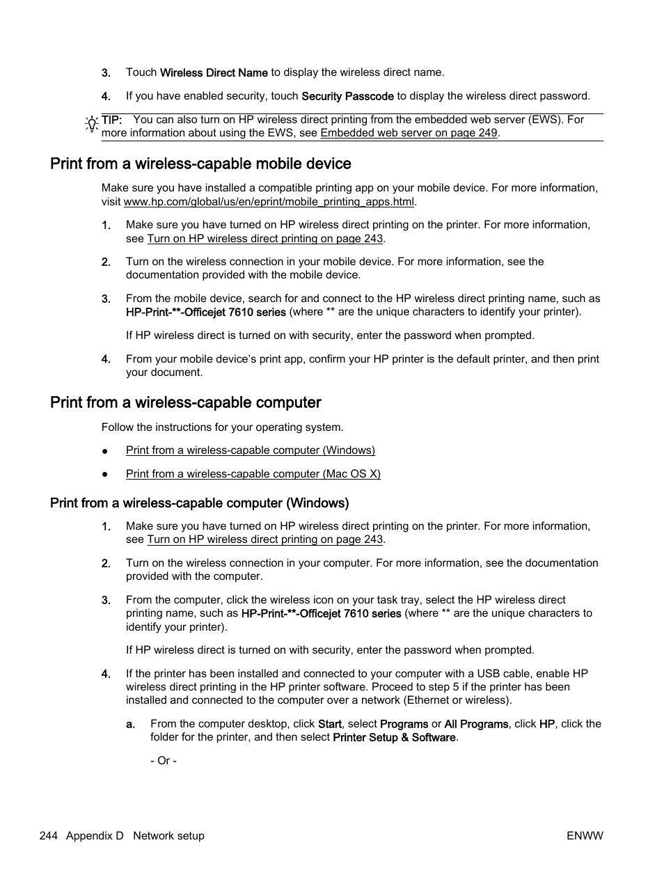 Print from a wireless-capable mobile device, Print from a wireless-capable computer, Print from a wireless-capable computer (windows) | HP Officejet 7612 Wide Format e-All-in-One User Manual | Page 261 / 317