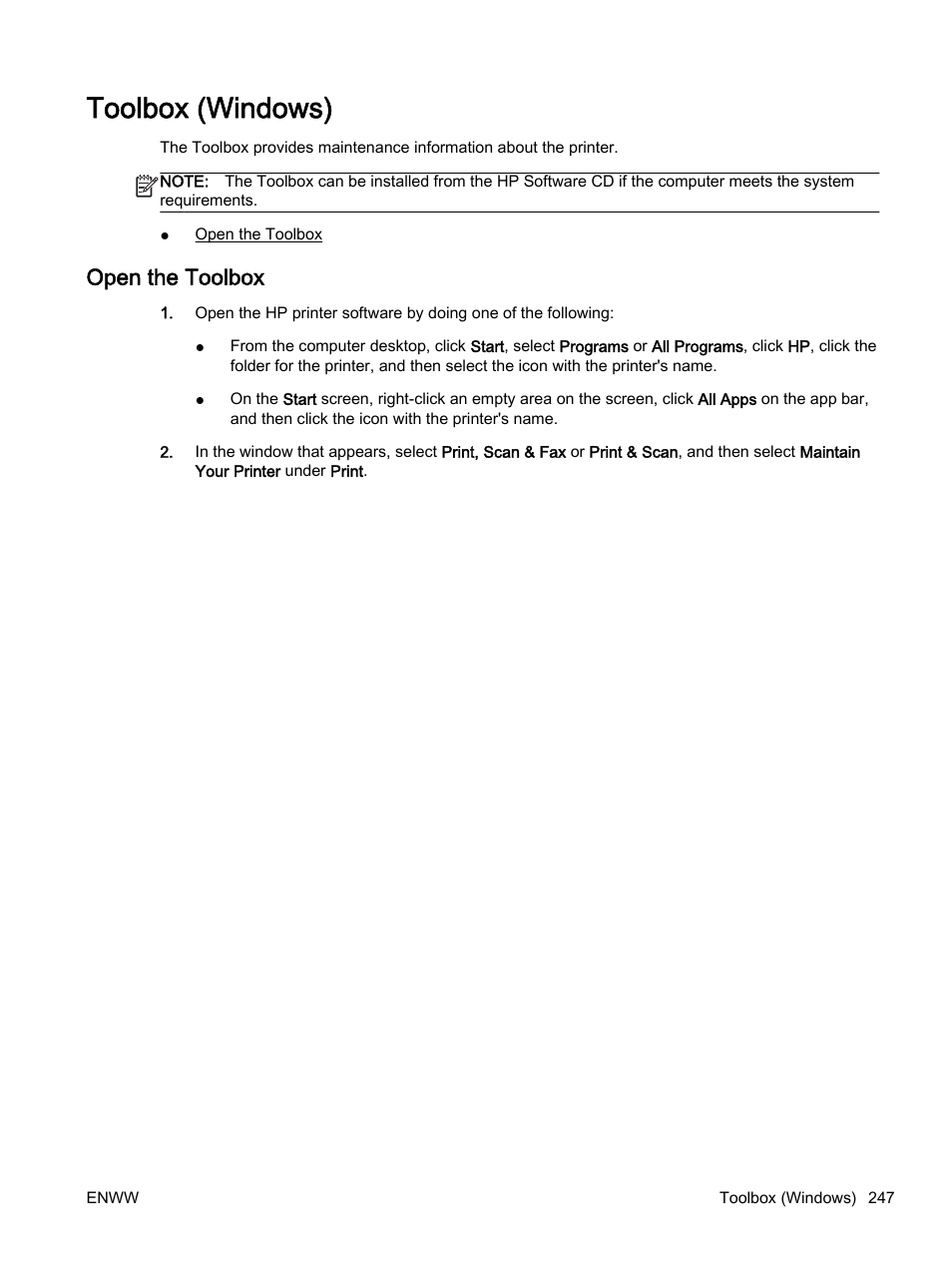 Toolbox (windows), Open the toolbox | HP Officejet 7612 Wide Format e-All-in-One User Manual | Page 264 / 317