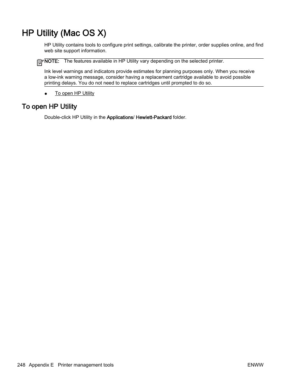 Hp utility (mac os x), To open hp utility | HP Officejet 7612 Wide Format e-All-in-One User Manual | Page 265 / 317