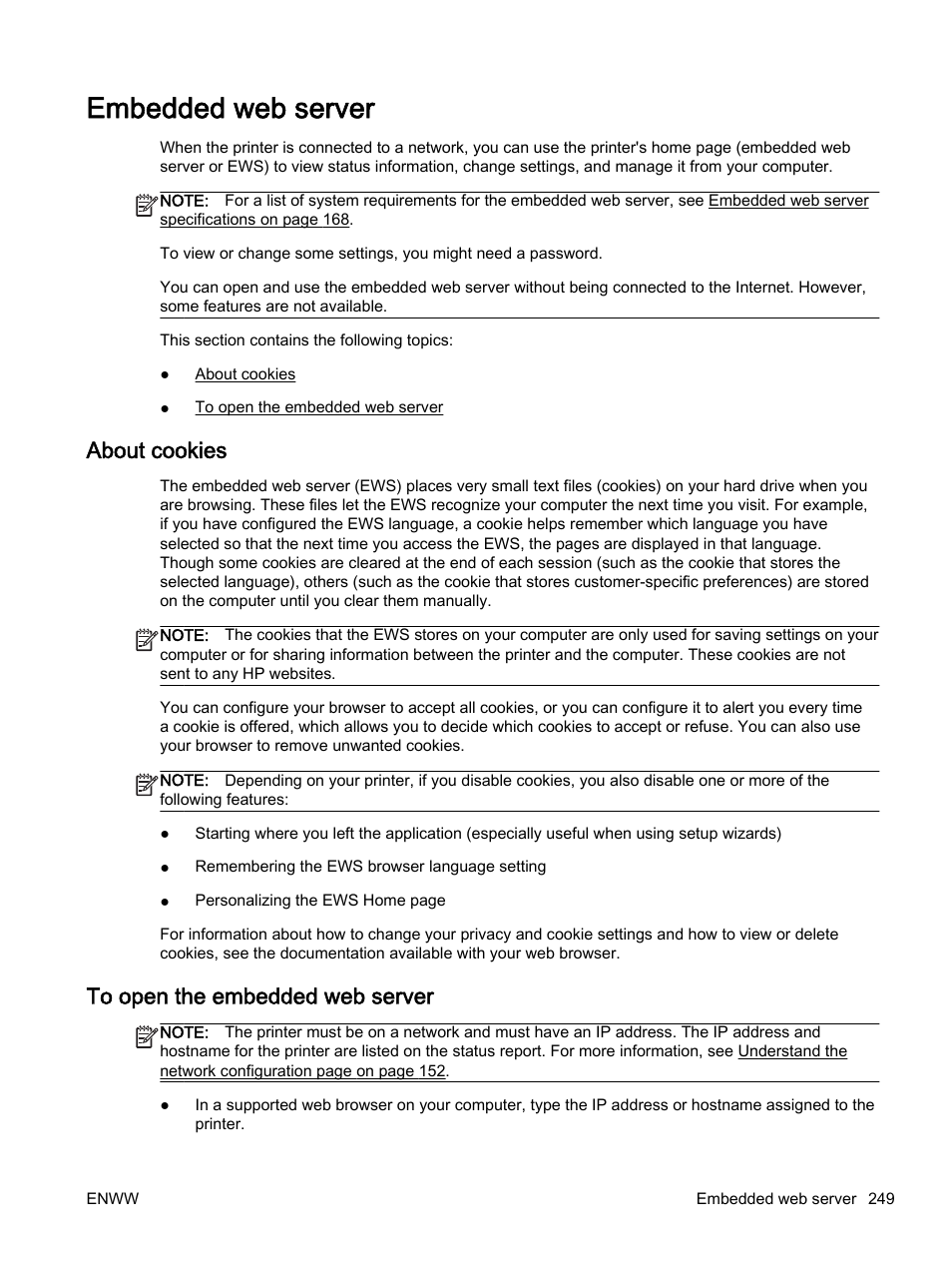 Embedded web server, About cookies, To open the embedded web server | About cookies to open the embedded web server | HP Officejet 7612 Wide Format e-All-in-One User Manual | Page 266 / 317