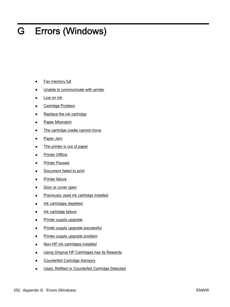 Errors (windows), Appendix g errors (windows), G errors (windows) | HP Officejet 7612 Wide Format e-All-in-One User Manual | Page 269 / 317