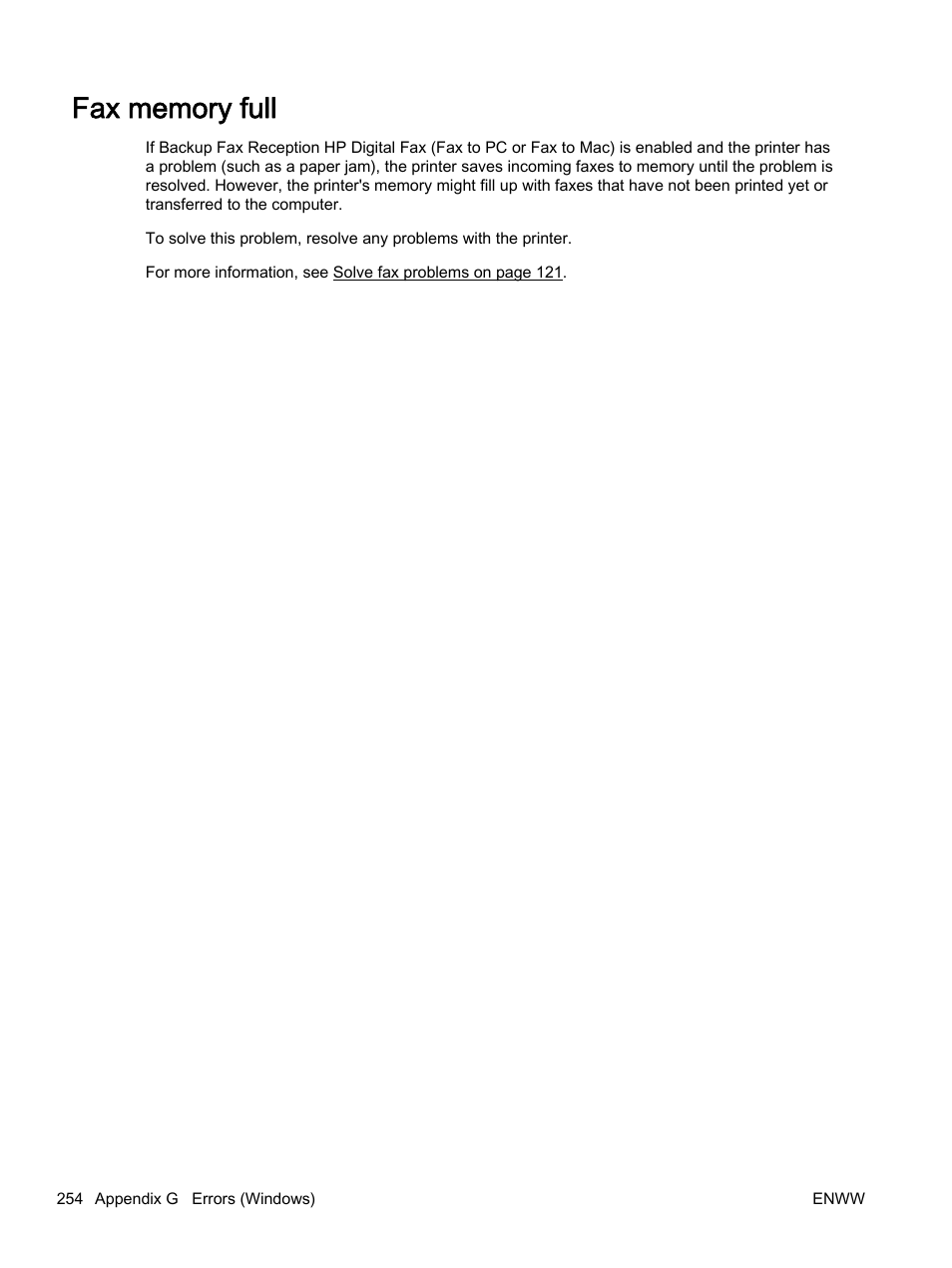 Fax memory full | HP Officejet 7612 Wide Format e-All-in-One User Manual | Page 271 / 317