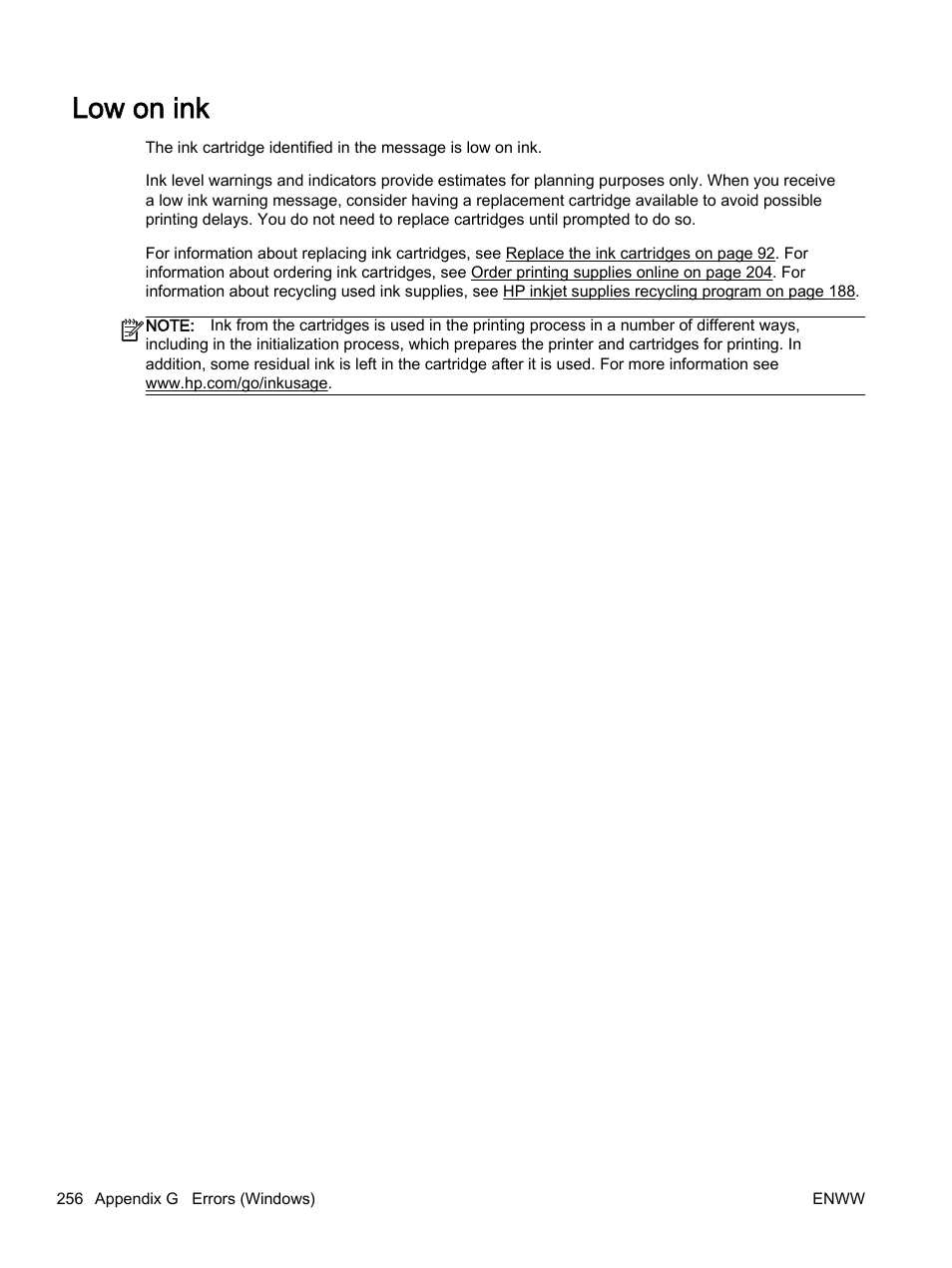 Low on ink | HP Officejet 7612 Wide Format e-All-in-One User Manual | Page 273 / 317