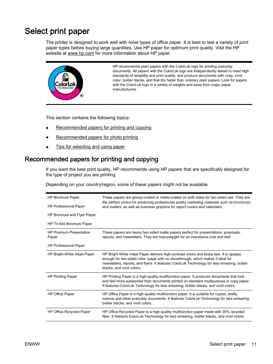 Select print paper, Recommended papers for printing and copying | HP Officejet 7612 Wide Format e-All-in-One User Manual | Page 28 / 317