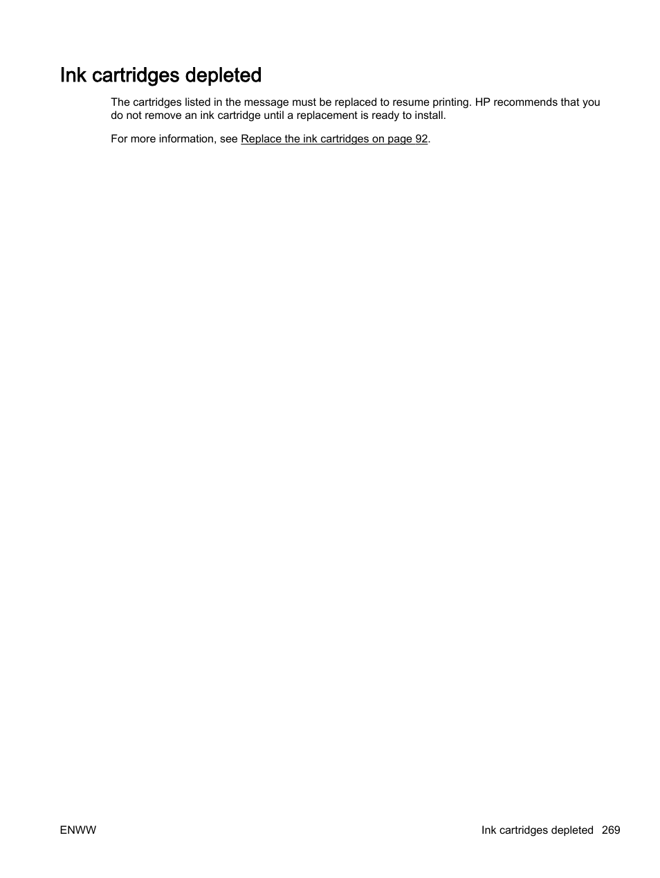 Ink cartridges depleted | HP Officejet 7612 Wide Format e-All-in-One User Manual | Page 286 / 317