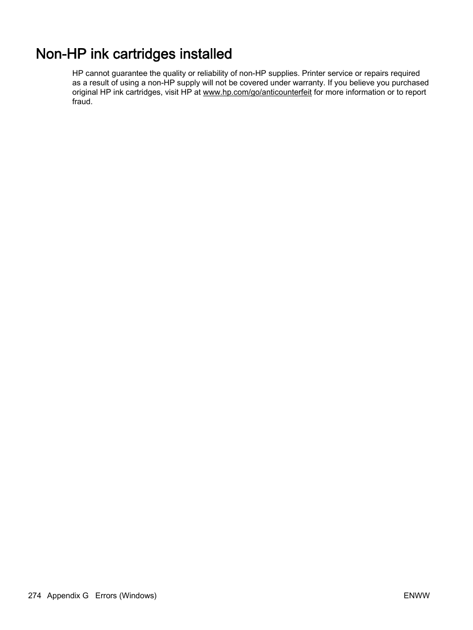 Non-hp ink cartridges installed | HP Officejet 7612 Wide Format e-All-in-One User Manual | Page 291 / 317