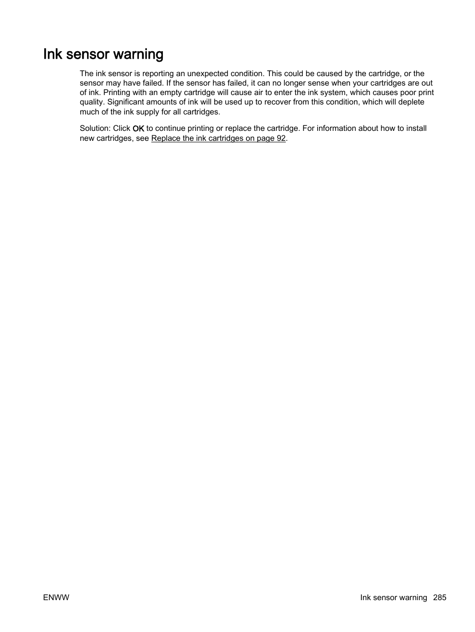 Ink sensor warning | HP Officejet 7612 Wide Format e-All-in-One User Manual | Page 302 / 317