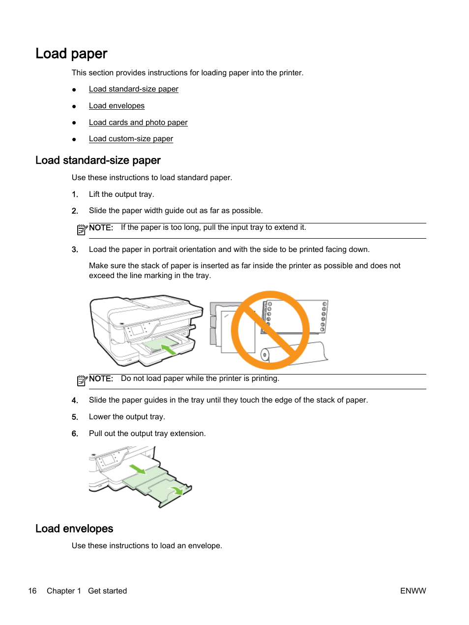 Load paper, Load standard-size paper, Load envelopes | Load standard-size paper load envelopes | HP Officejet 7612 Wide Format e-All-in-One User Manual | Page 33 / 317