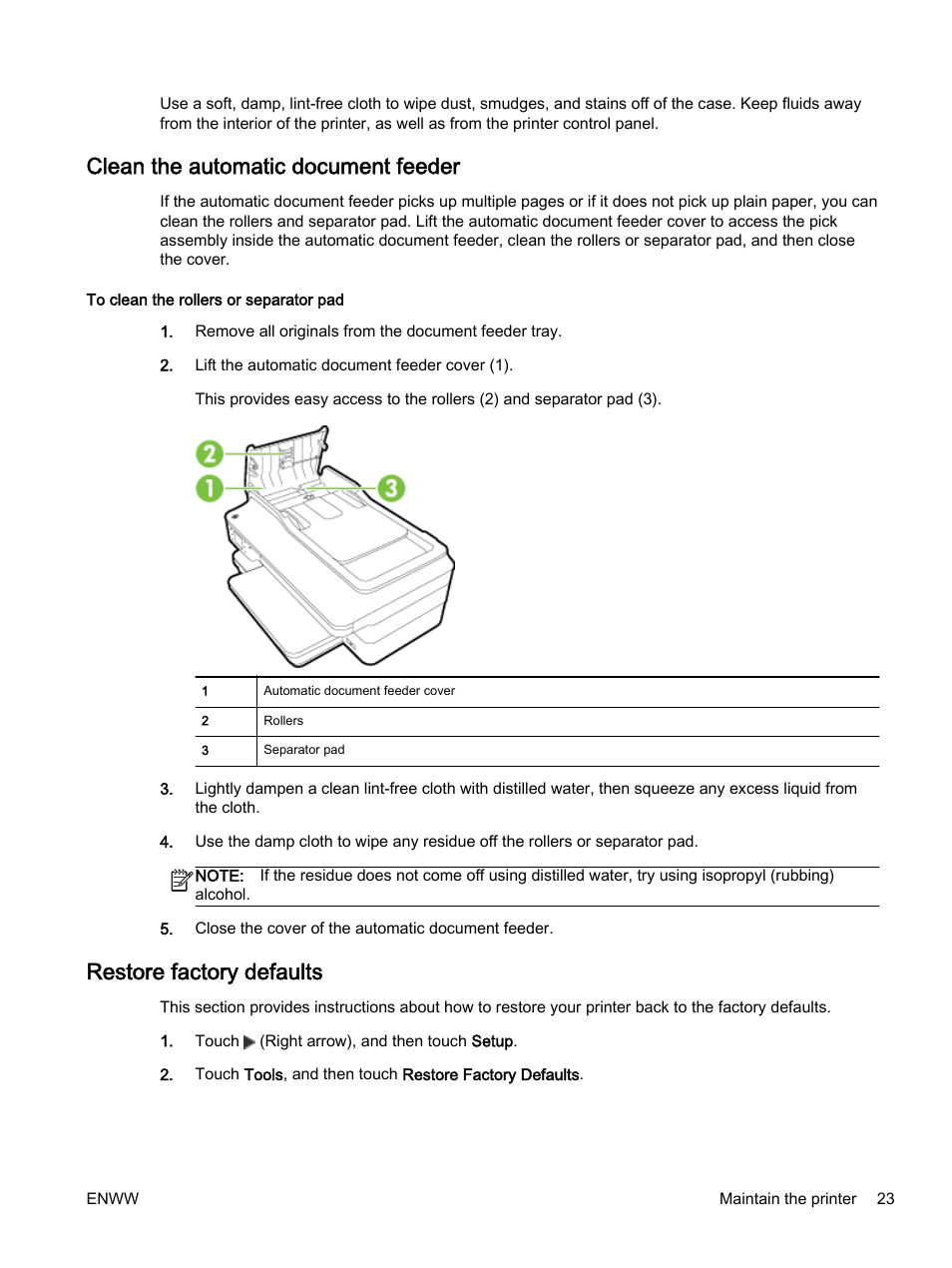 Clean the automatic document feeder, Restore factory defaults | HP Officejet 7612 Wide Format e-All-in-One User Manual | Page 40 / 317