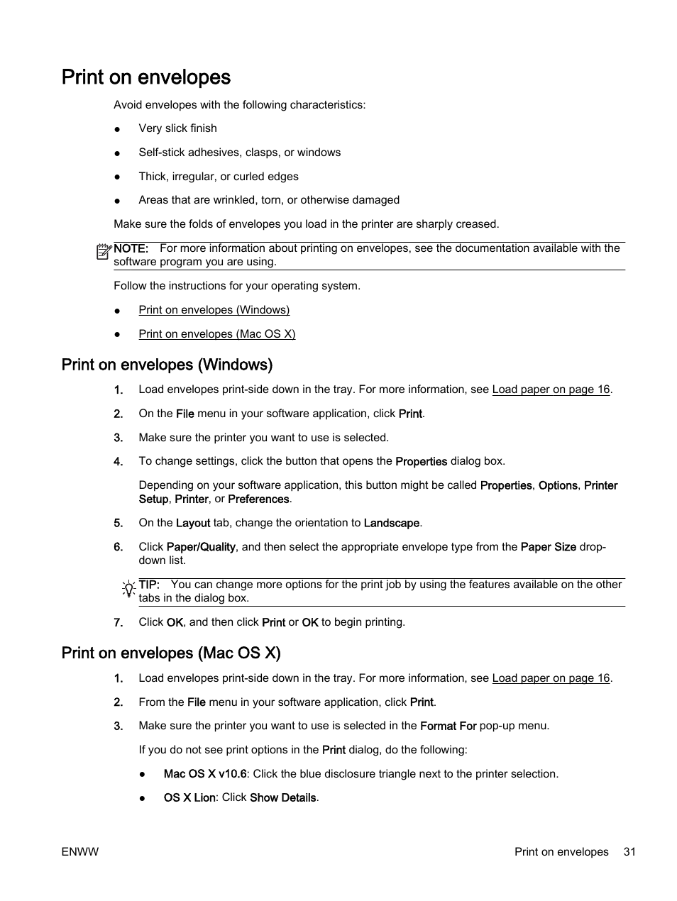 Print on envelopes, Print on envelopes (windows), Print on envelopes (mac os x) | HP Officejet 7612 Wide Format e-All-in-One User Manual | Page 48 / 317
