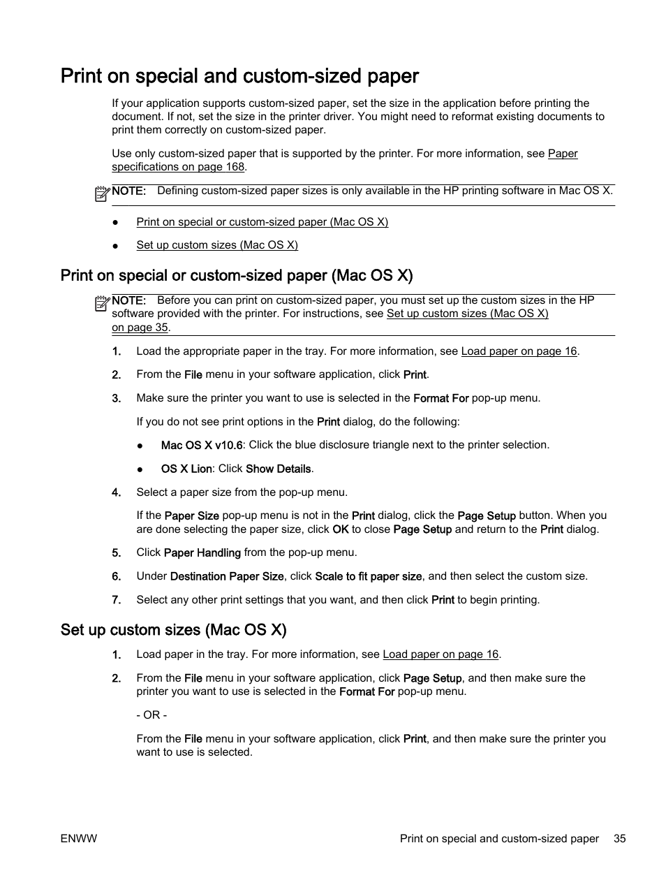 Print on special and custom-sized paper, Print on special or custom-sized paper (mac os x), Set up custom sizes (mac os x) | HP Officejet 7612 Wide Format e-All-in-One User Manual | Page 52 / 317