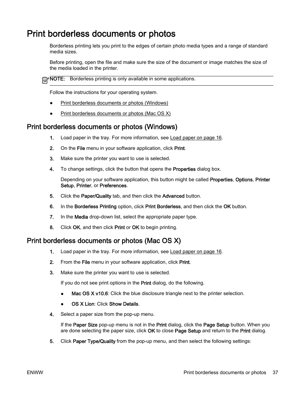Print borderless documents or photos, Print borderless documents or photos (windows), Print borderless documents or photos (mac os x) | HP Officejet 7612 Wide Format e-All-in-One User Manual | Page 54 / 317