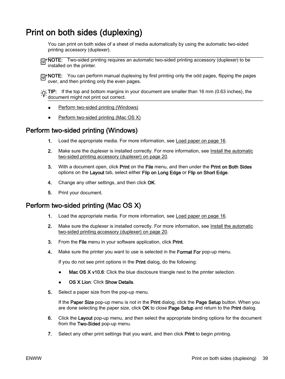 Print on both sides (duplexing), Perform two-sided printing (windows), Perform two-sided printing (mac os x) | HP Officejet 7612 Wide Format e-All-in-One User Manual | Page 56 / 317