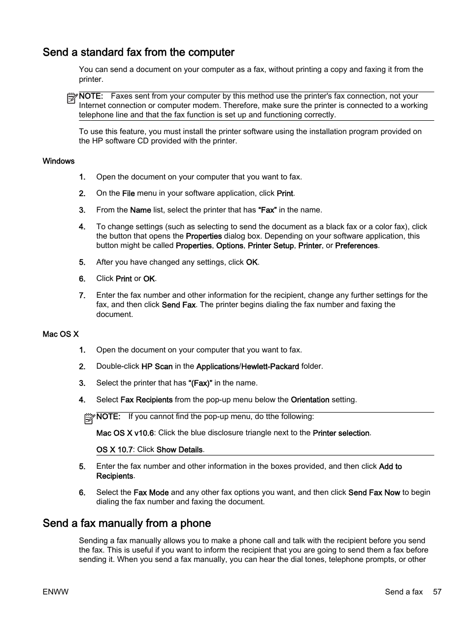 Send a standard fax from the computer, Send a fax manually from a phone | HP Officejet 7612 Wide Format e-All-in-One User Manual | Page 74 / 317