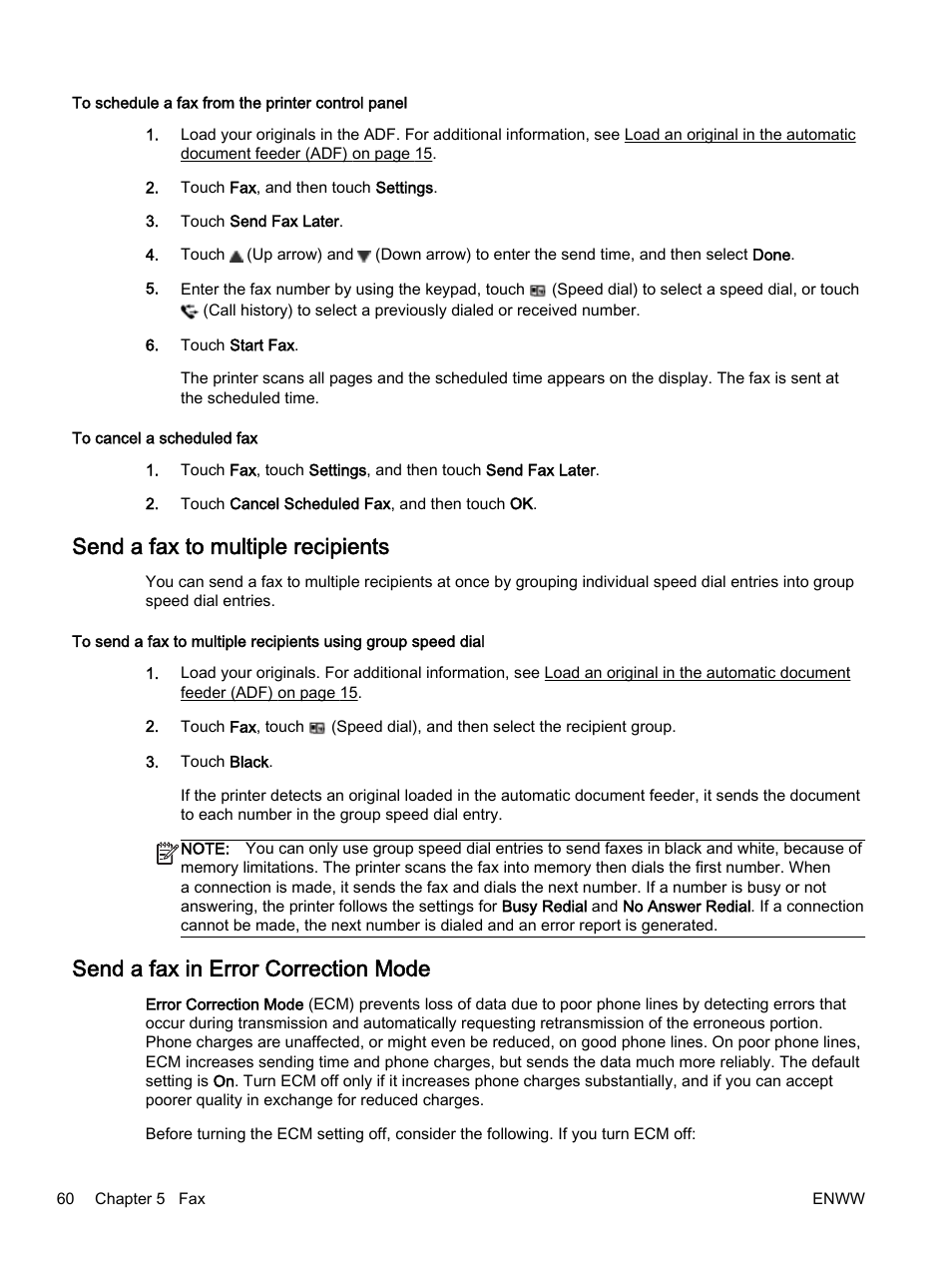 Send a fax to multiple recipients, Send a fax in error correction mode | HP Officejet 7612 Wide Format e-All-in-One User Manual | Page 77 / 317