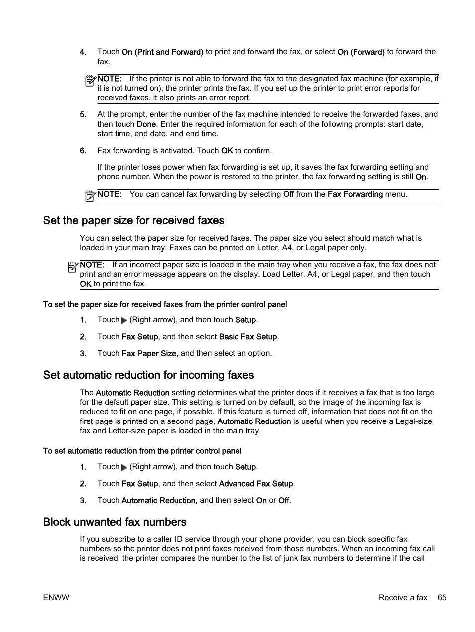 Set the paper size for received faxes, Set automatic reduction for incoming faxes, Block unwanted fax numbers | HP Officejet 7612 Wide Format e-All-in-One User Manual | Page 82 / 317