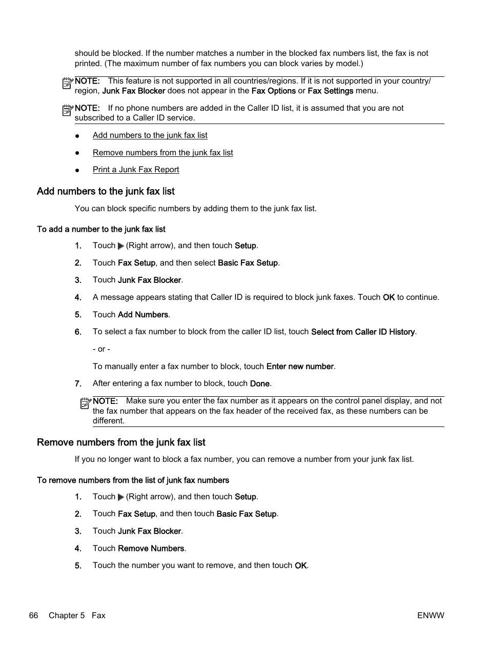 Add numbers to the junk fax list, Remove numbers from the junk fax list | HP Officejet 7612 Wide Format e-All-in-One User Manual | Page 83 / 317