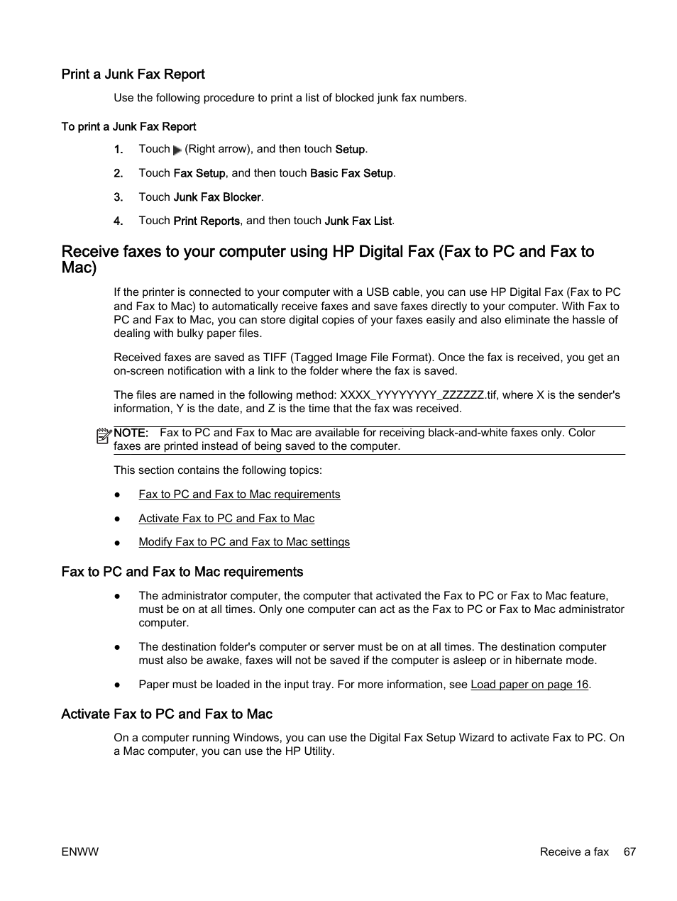 Print a junk fax report, Fax to pc and fax to mac requirements, Activate fax to pc and fax to mac | HP Officejet 7612 Wide Format e-All-in-One User Manual | Page 84 / 317