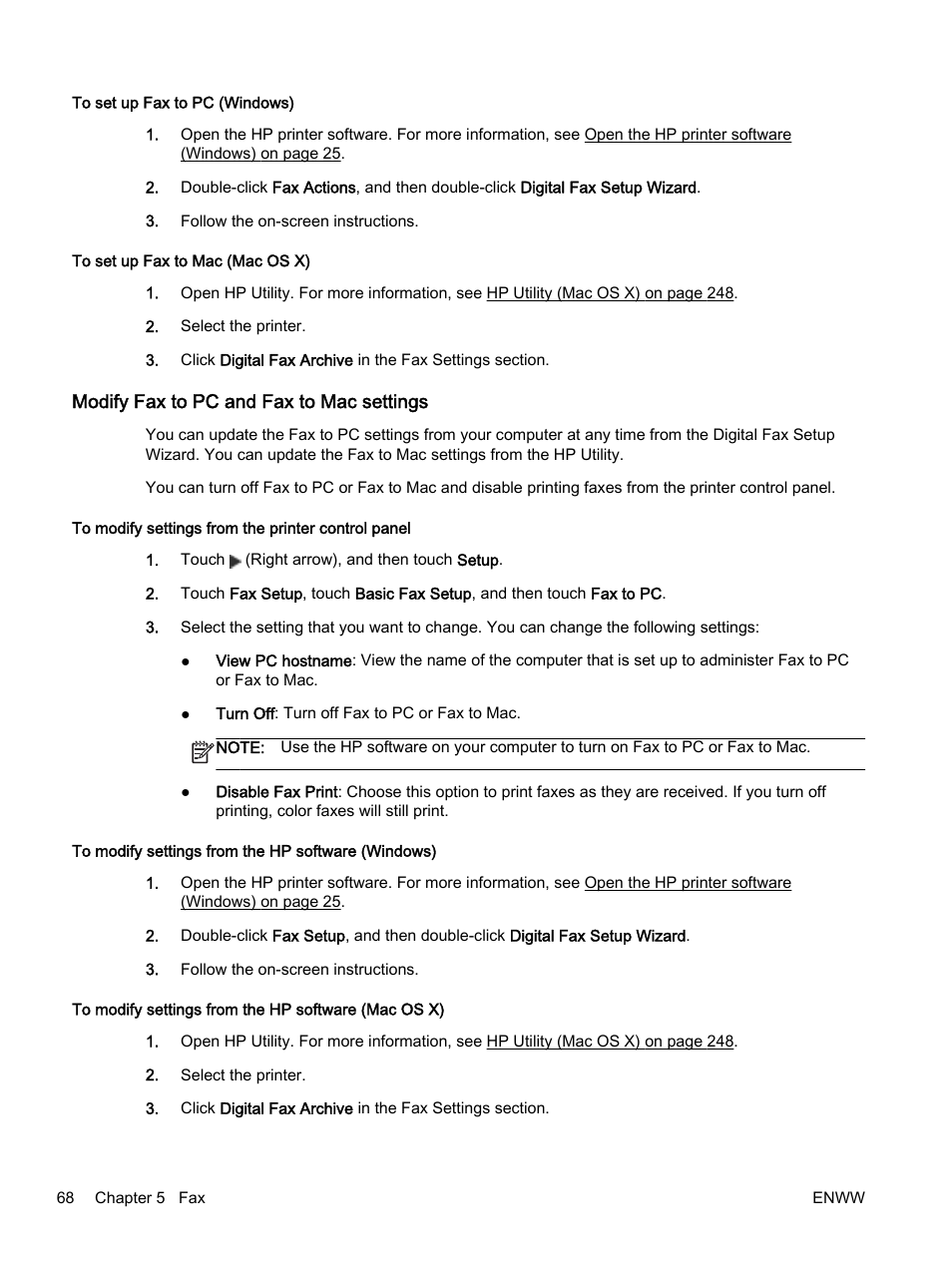 Modify fax to pc and fax to mac settings | HP Officejet 7612 Wide Format e-All-in-One User Manual | Page 85 / 317