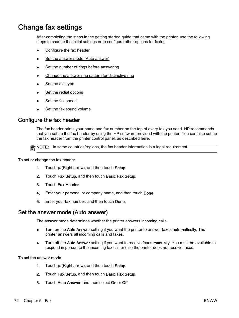 Change fax settings, Configure the fax header, Set the answer mode (auto answer) | HP Officejet 7612 Wide Format e-All-in-One User Manual | Page 89 / 317