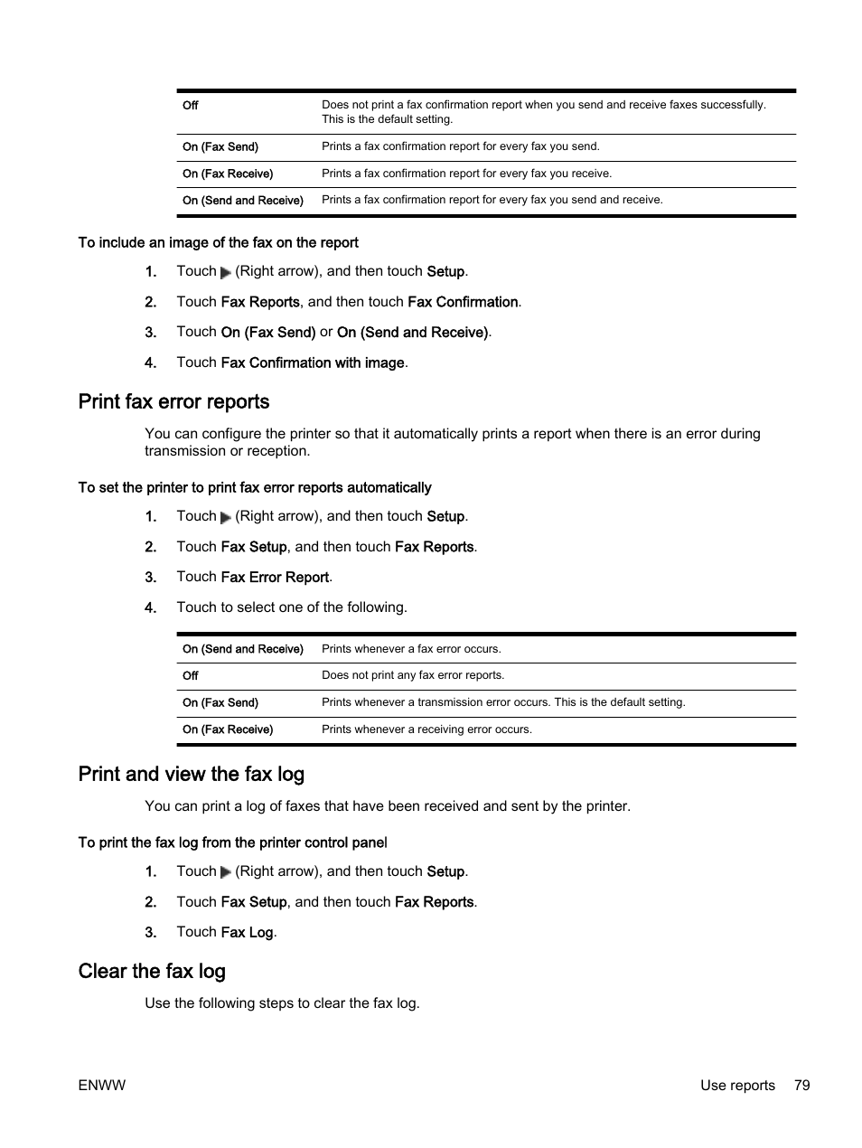 Print fax error reports, Print and view the fax log, Clear the fax log | HP Officejet 7612 Wide Format e-All-in-One User Manual | Page 96 / 317